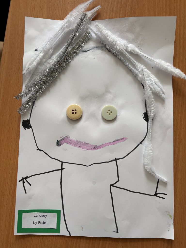A child's portrait of Lyndsey, made by Felix